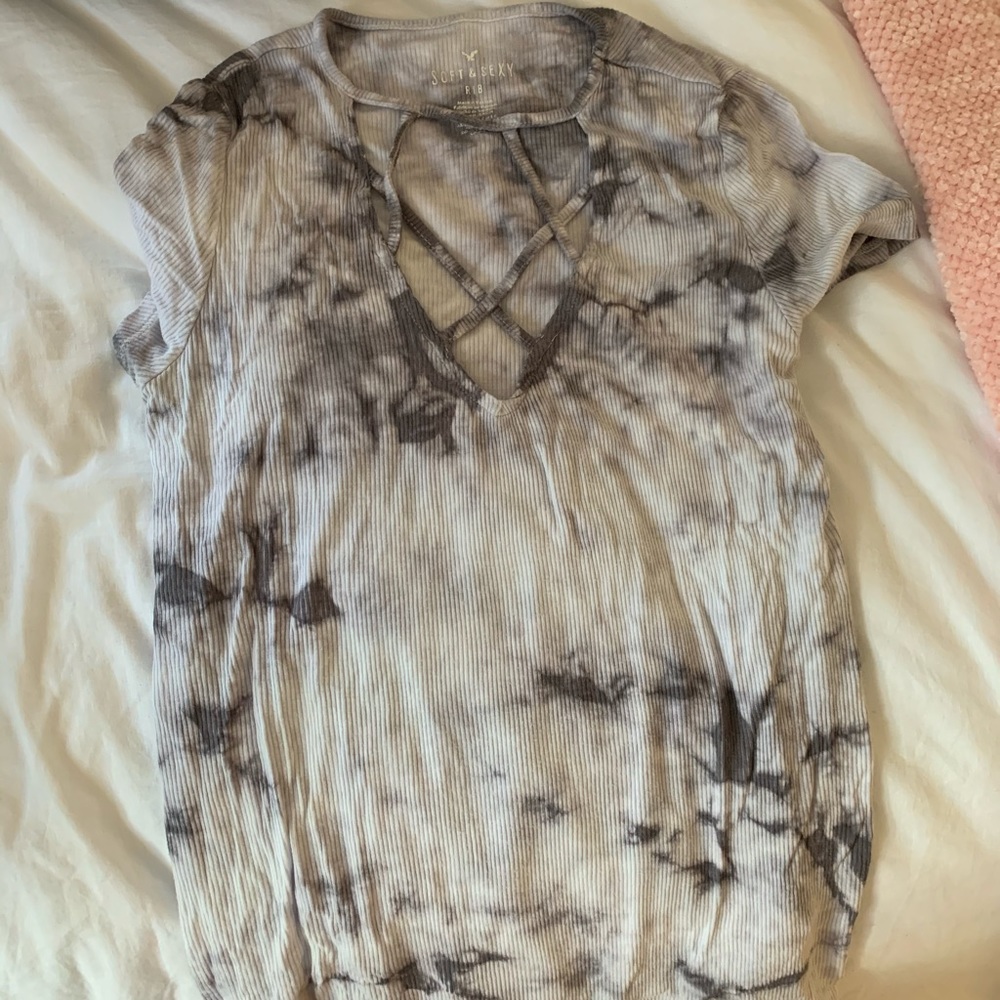 gray and white tie dye t shirt with cross top